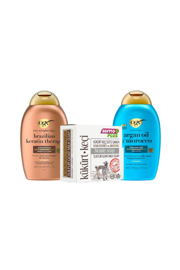 New Ogx Brazilian Keratin tester shampoo for freezy hair 80ml + ,Softto Plus sulfur.goat beauty soap 100gr+New Ogx argan oil of Morocco tester shampoo  for damaged hair 80ml
