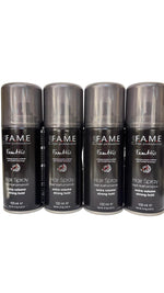 Four bottles of Fame Fanatic hair spray on a white background